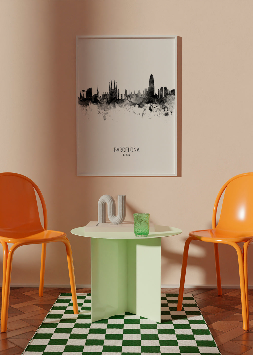 Stadskonst: Barcelonas skyline i monokromt bläck
