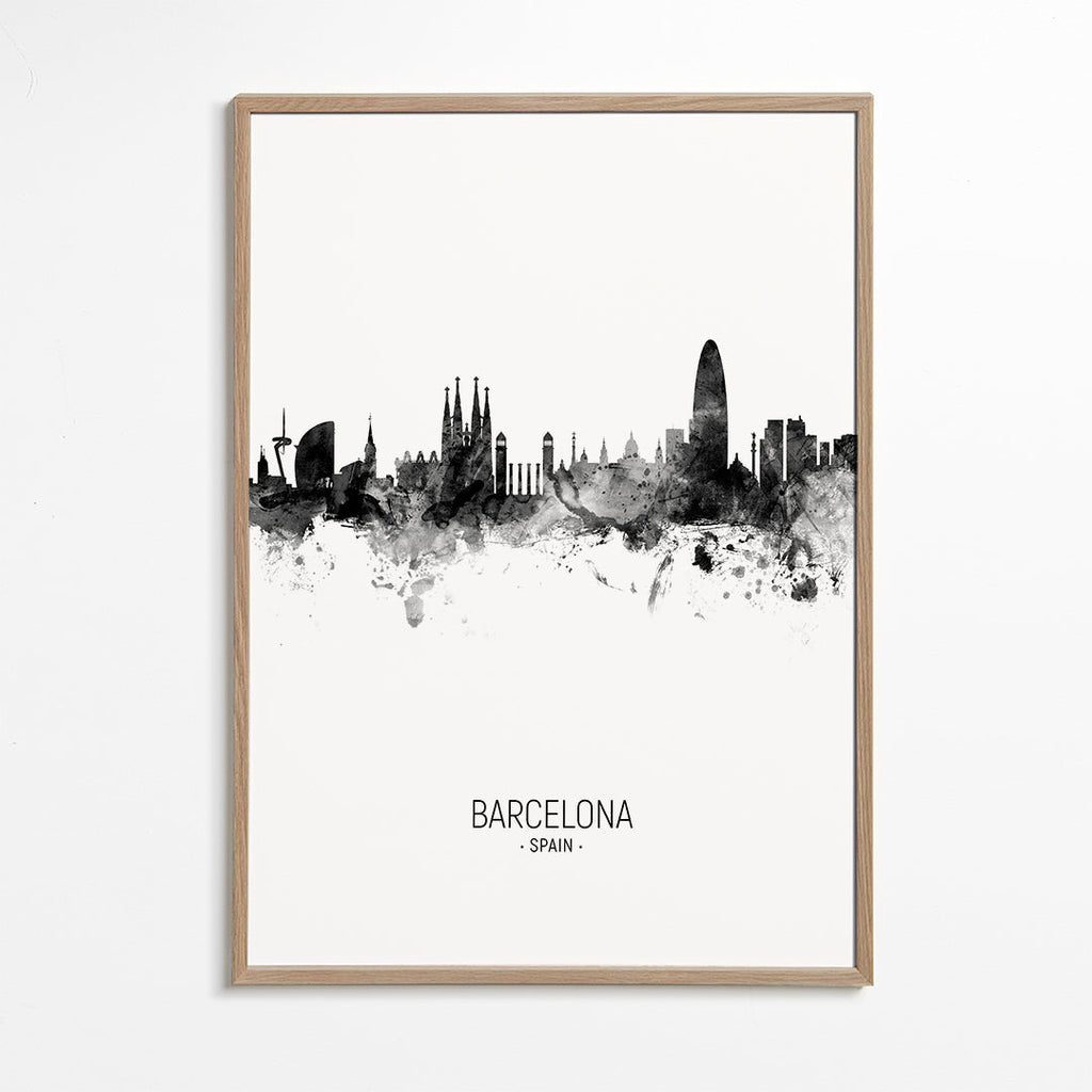 Stadskonst: Barcelonas skyline i monokromt bläck