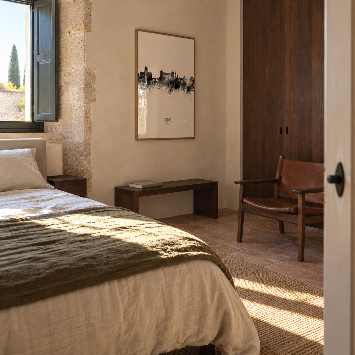 Rome Skyline en blanco y negro - Framed poster in an interior