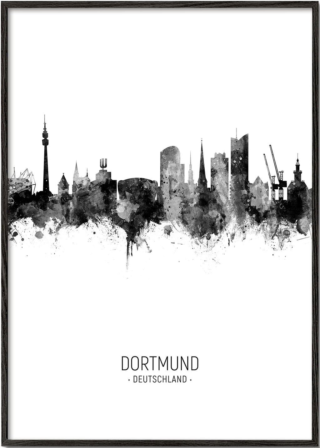 Reseaffisch Dortmund skyline i svartvitt