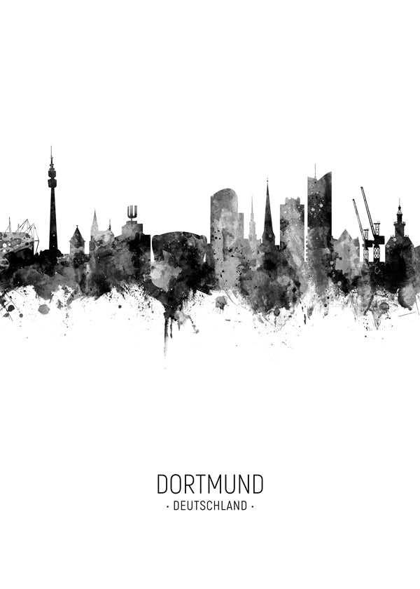 Reseaffisch Dortmund skyline i svartvitt