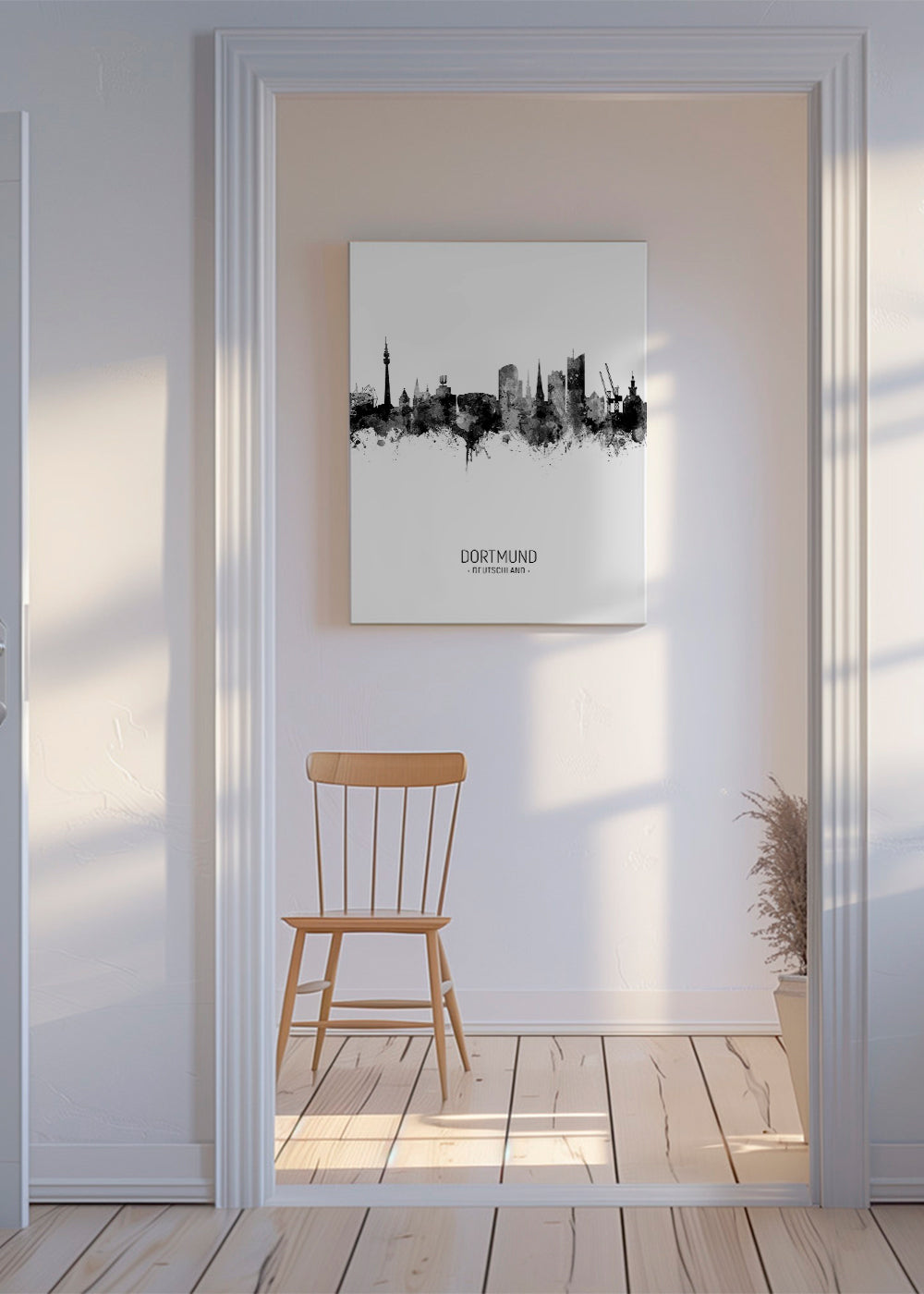 Reseaffisch Dortmund skyline i svartvitt