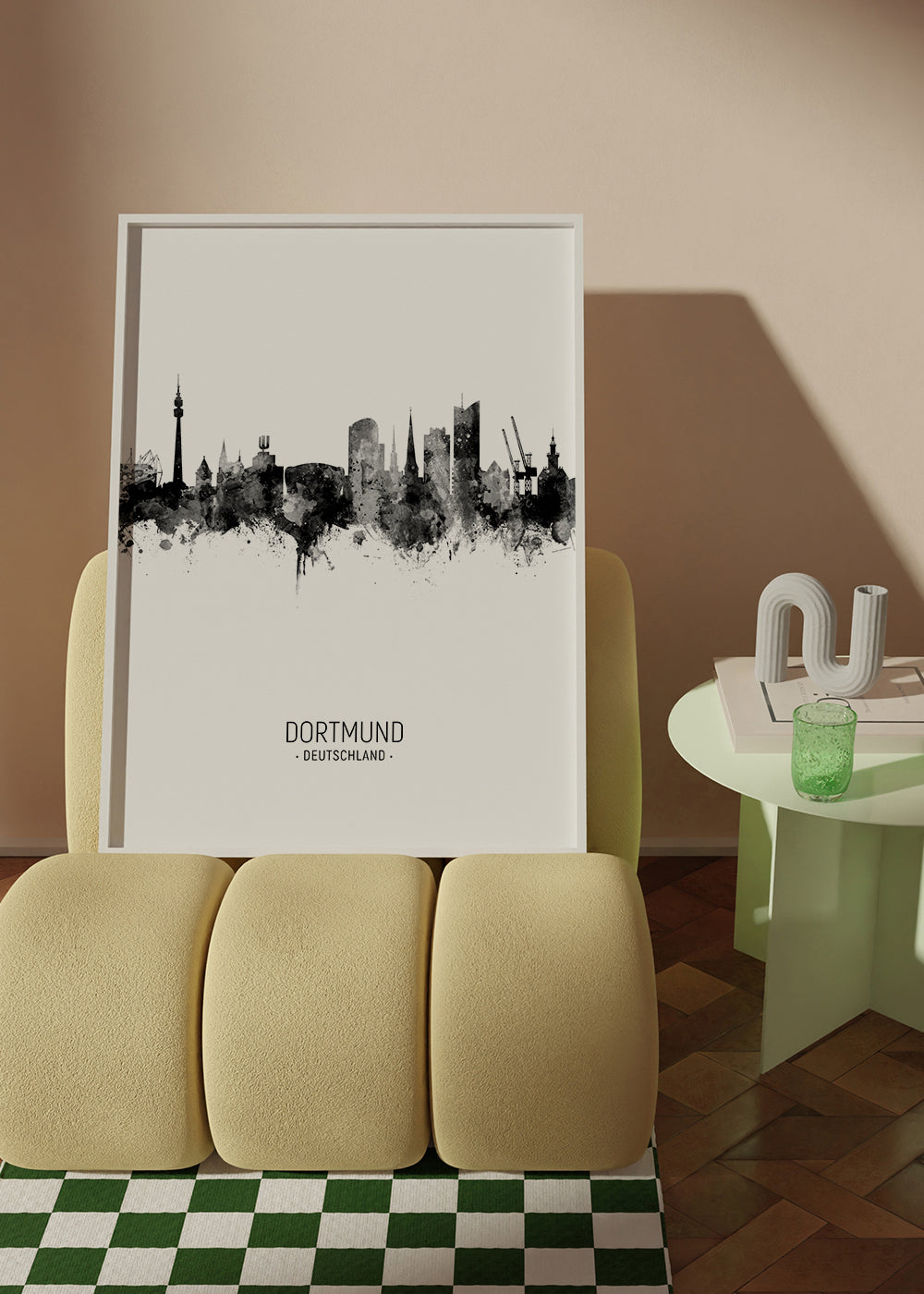 Reseaffisch Dortmund skyline i svartvitt