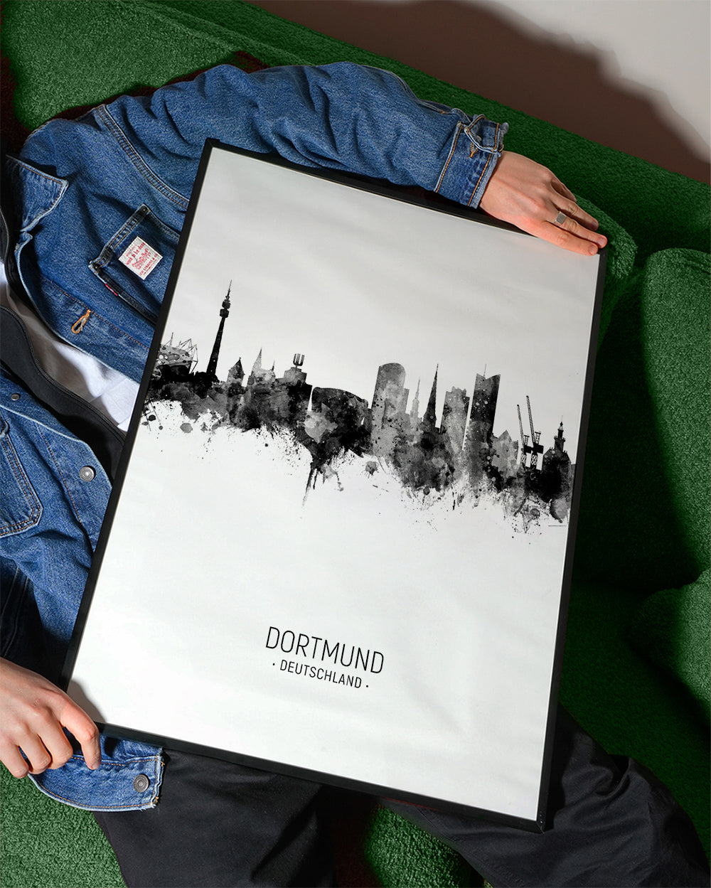 Reseaffisch Dortmund skyline i svartvitt