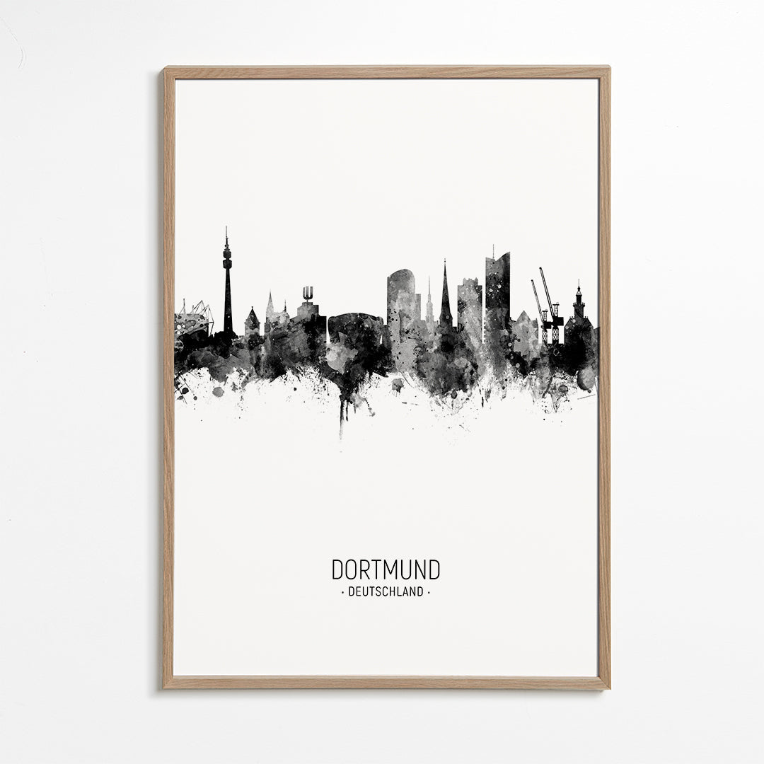 Reseaffisch Dortmund skyline i svartvitt