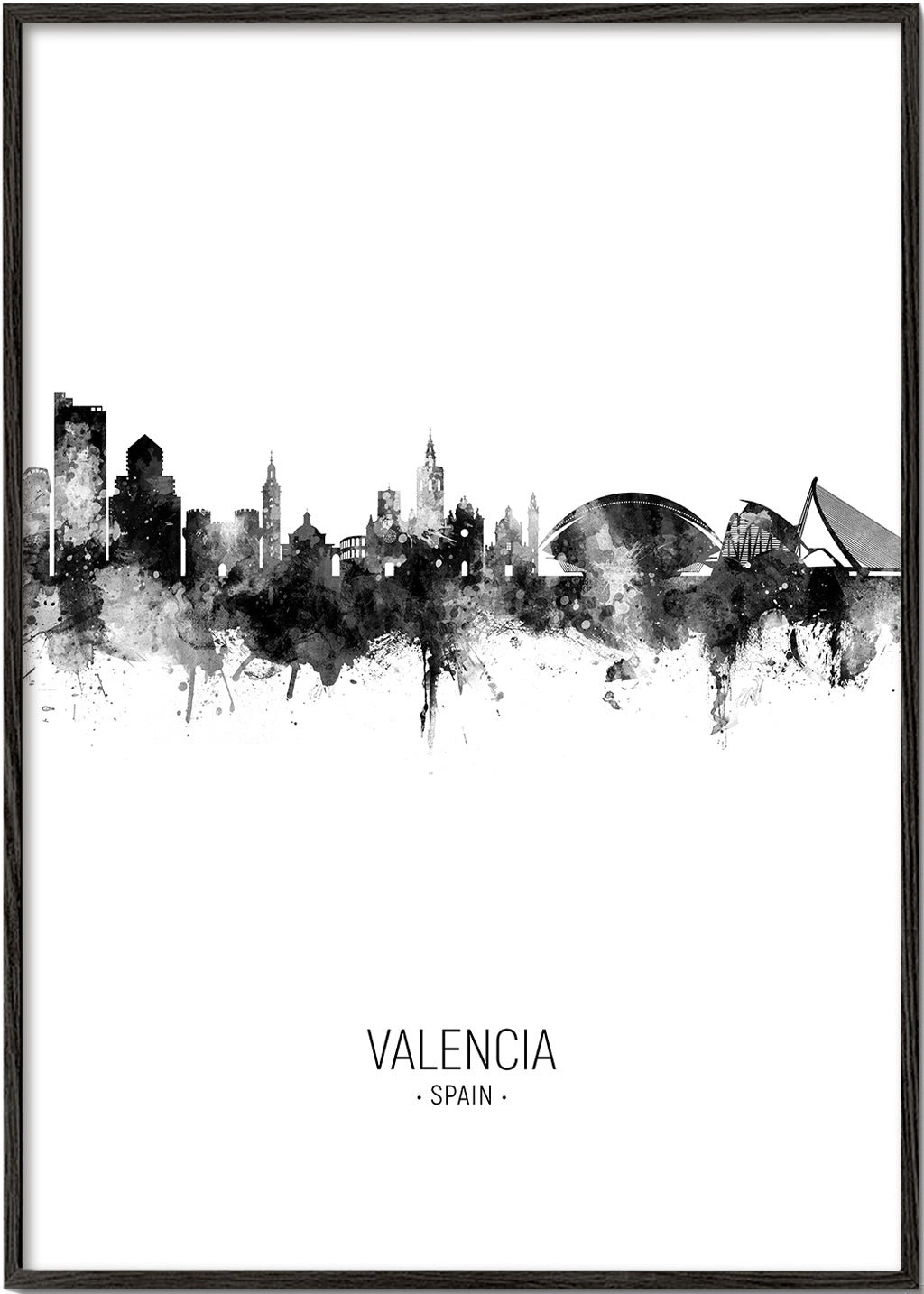 Reseaffisch Valencia skyline i svartvitt