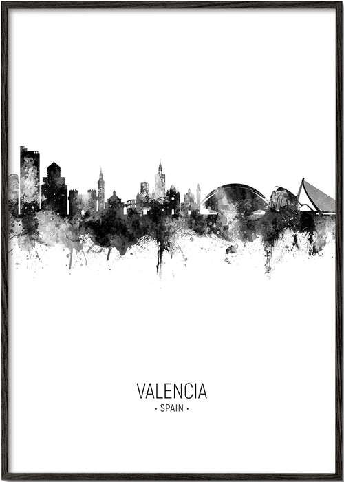 Reseaffisch Valencia skyline i svartvitt