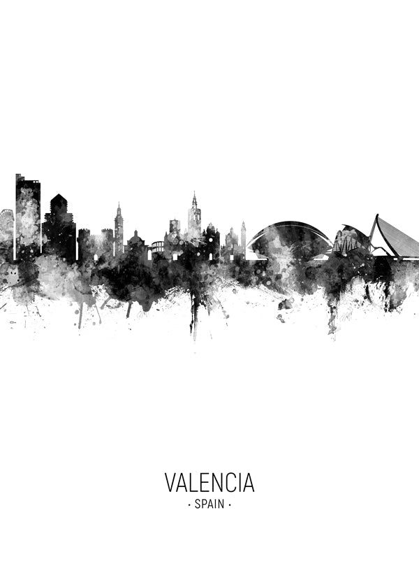 Reseaffisch Valencia skyline i svartvitt