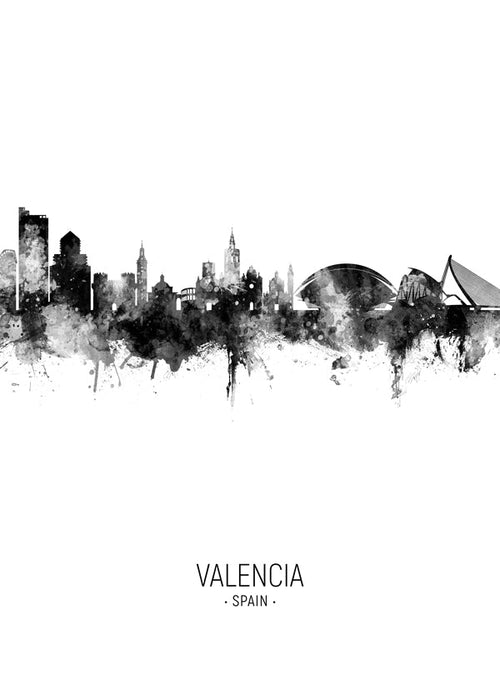 Reseaffisch Valencia skyline i svartvitt