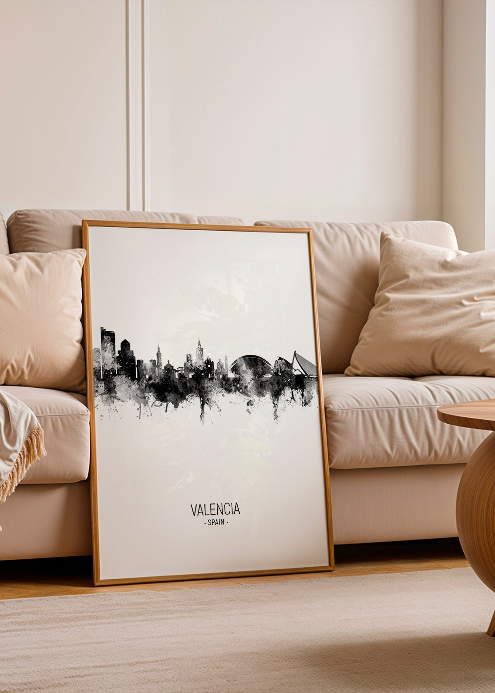 Reseaffisch Valencia skyline i svartvitt