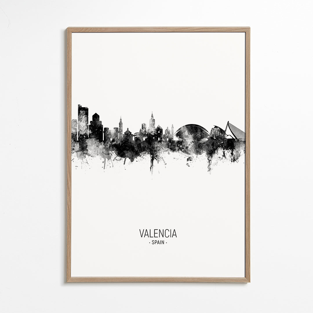 Reseaffisch Valencia skyline i svartvitt