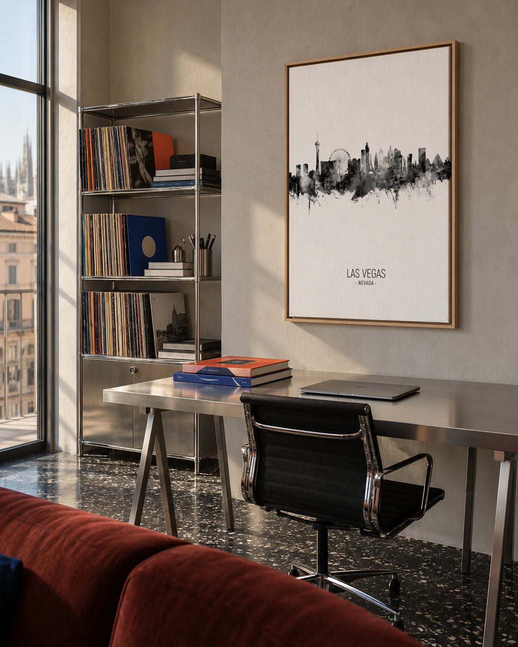 Las Vegas Skyline en blanco y negro - Framed canvas in an interior