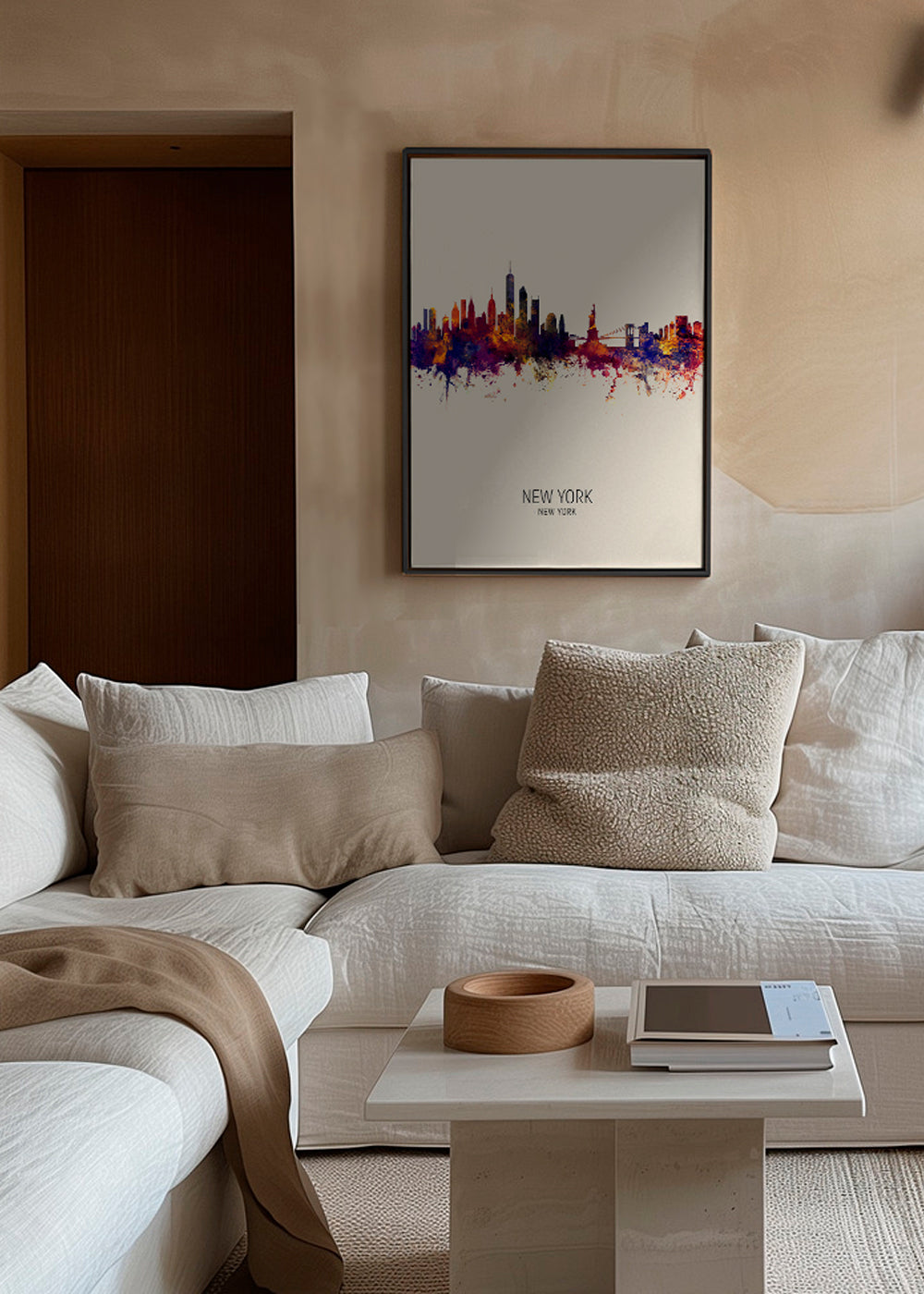 Kökskonst: New York skyline akvarell på beige