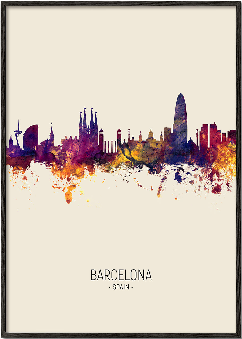 Stadstavla Barcelona skyline akvarell beige