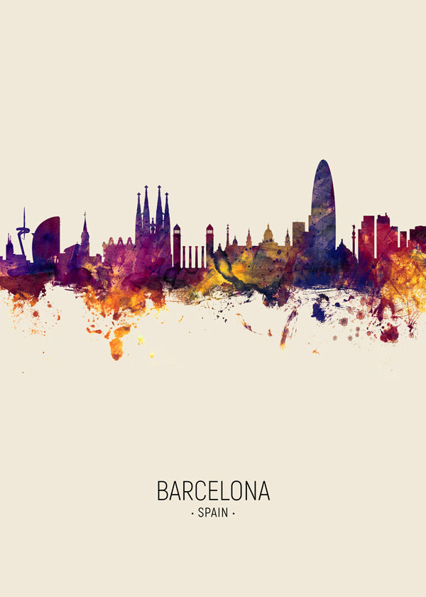Stadstavla Barcelona skyline akvarell beige