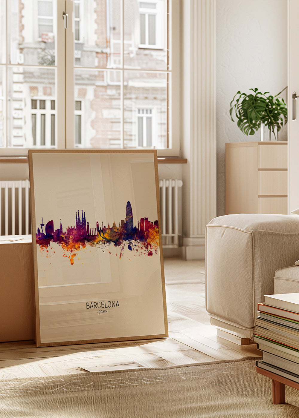 Stadstavla Barcelona skyline akvarell beige