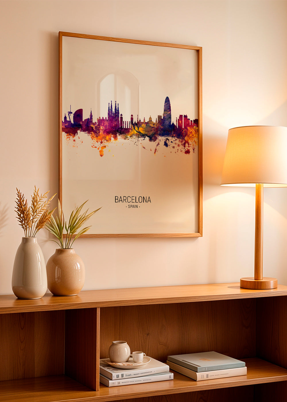 Stadstavla Barcelona skyline akvarell beige