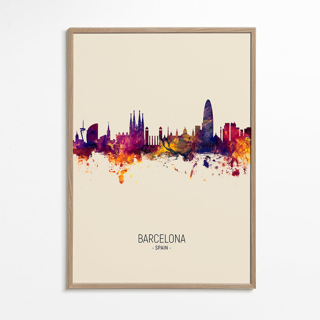 Stadstavla Barcelona skyline akvarell beige