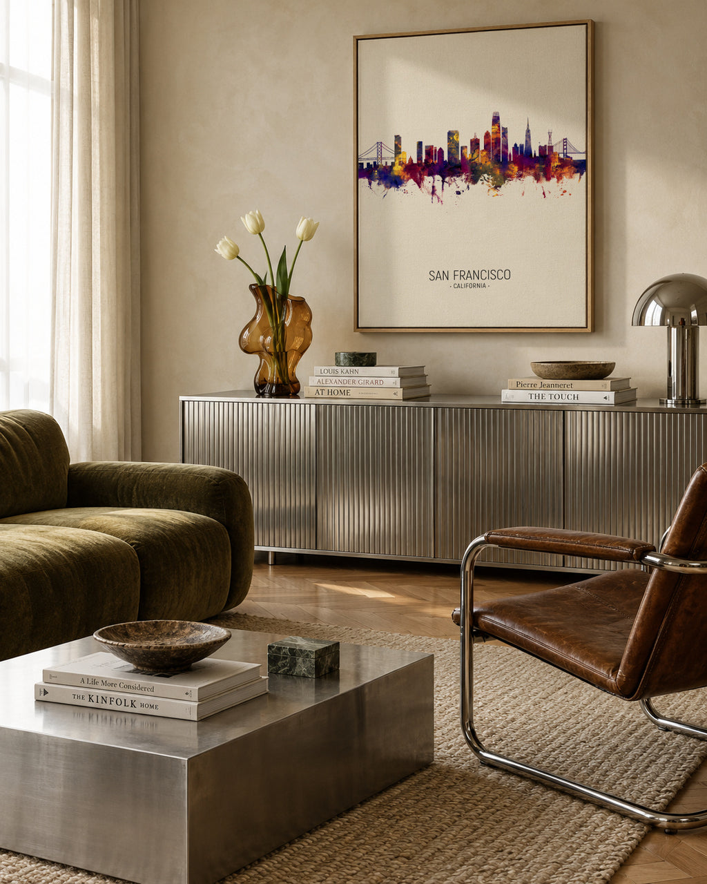 San Francisco Skyline en beige - Framed canvas in an interior