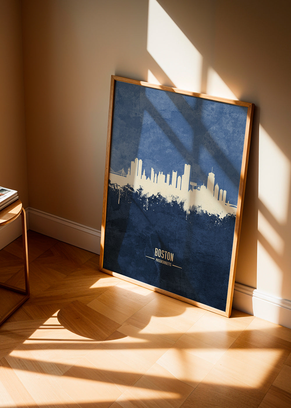 Reseaffisch Boston skyline i blått