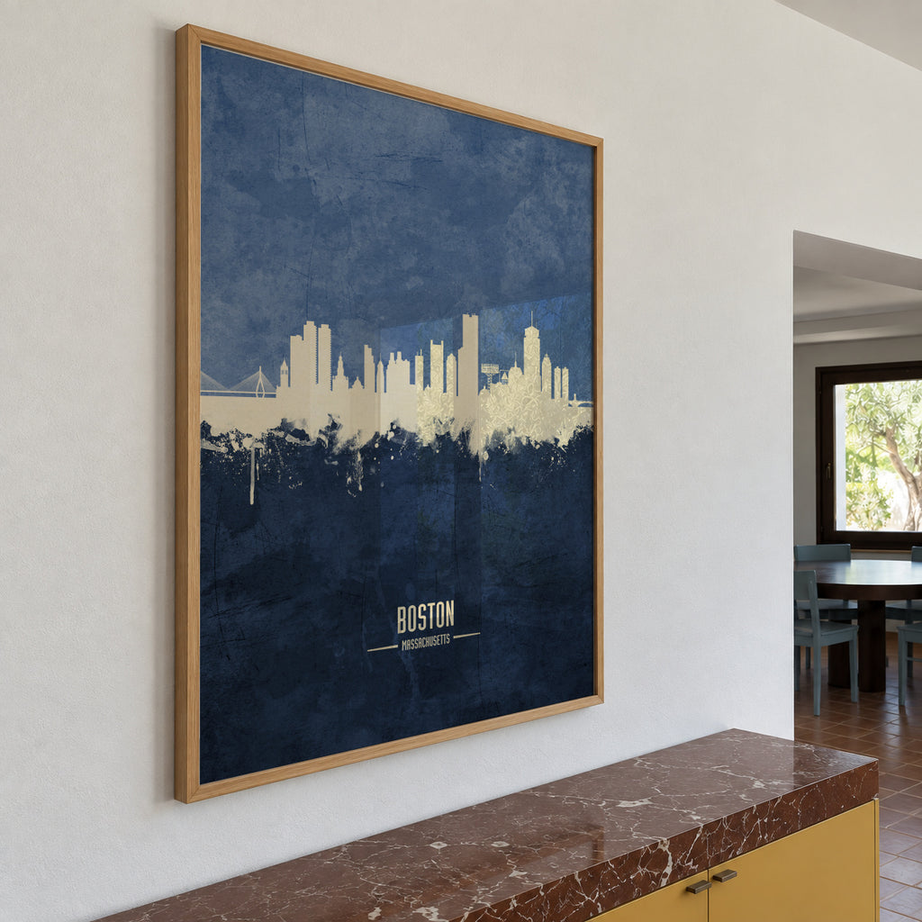 Boston Skyline Azul - Framed poster in an interior