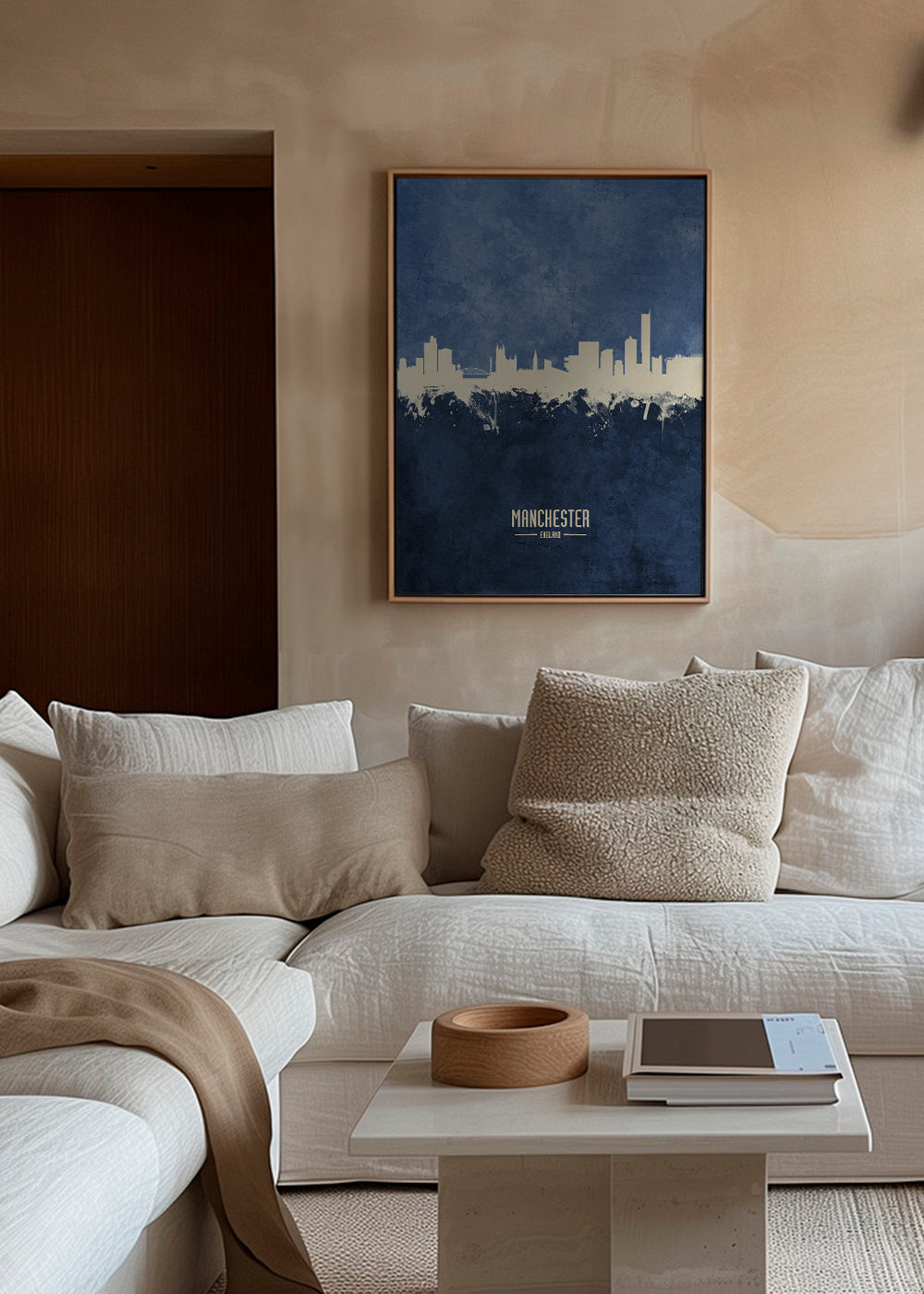 Stadsposter Manchester skyline blå textur