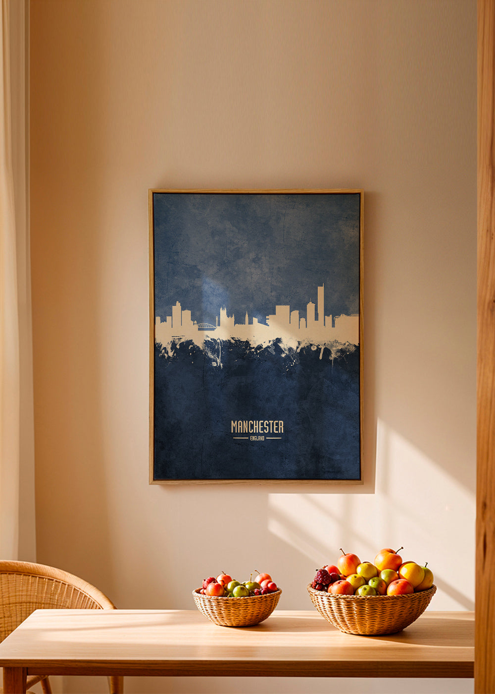 Stadsposter Manchester skyline blå textur