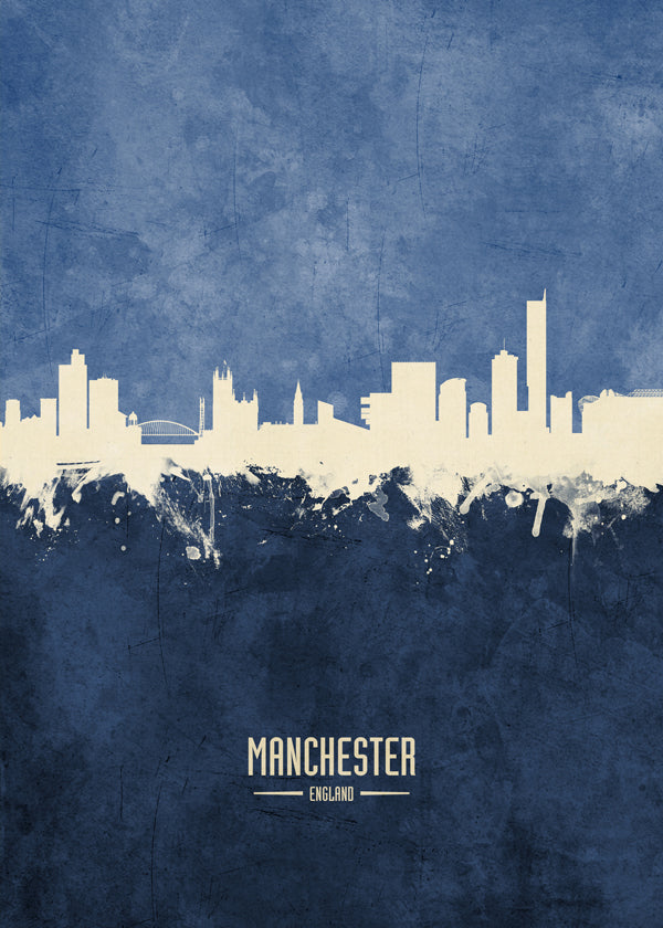 Stadsposter Manchester skyline blå textur