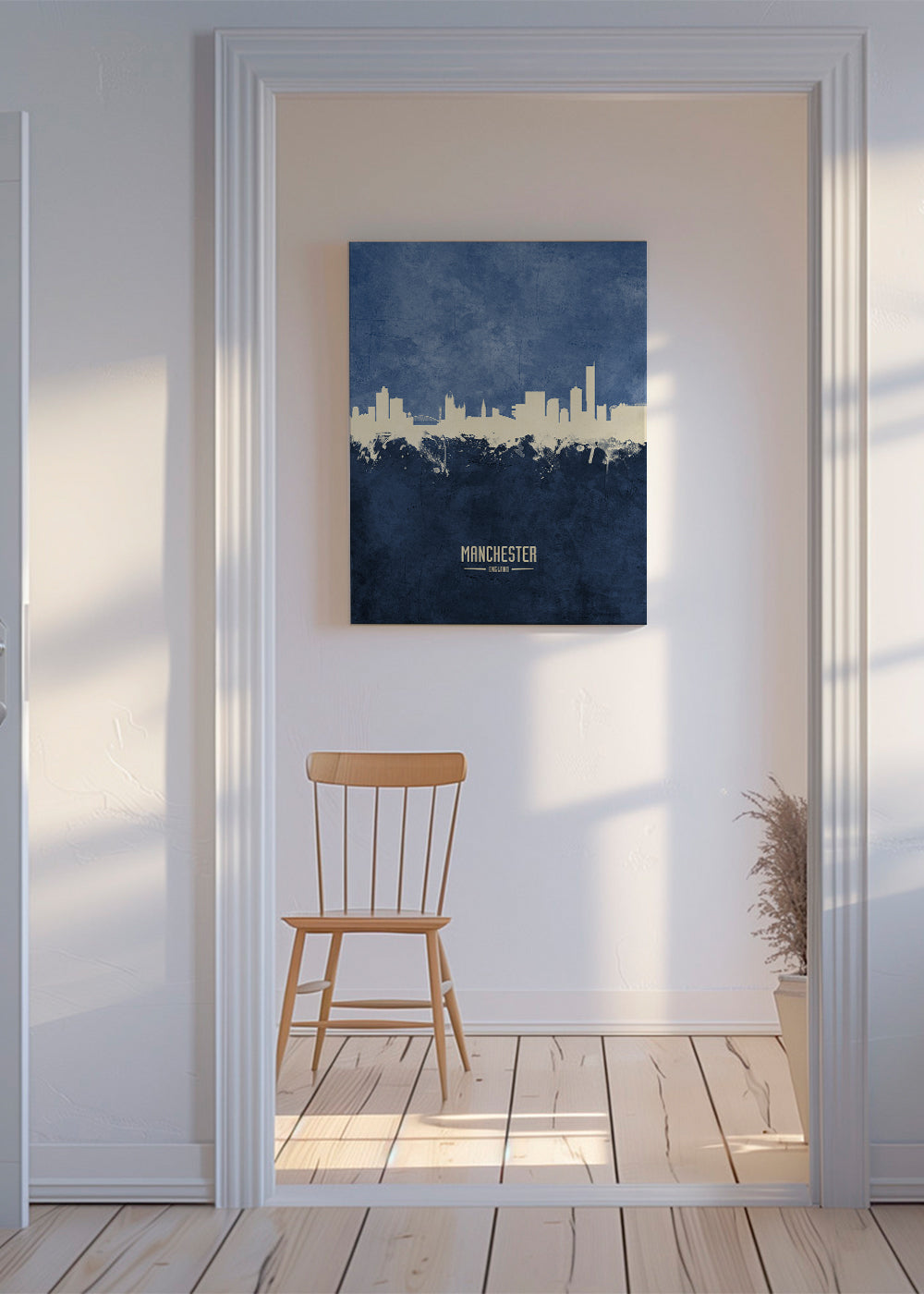 Stadsposter Manchester skyline blå textur