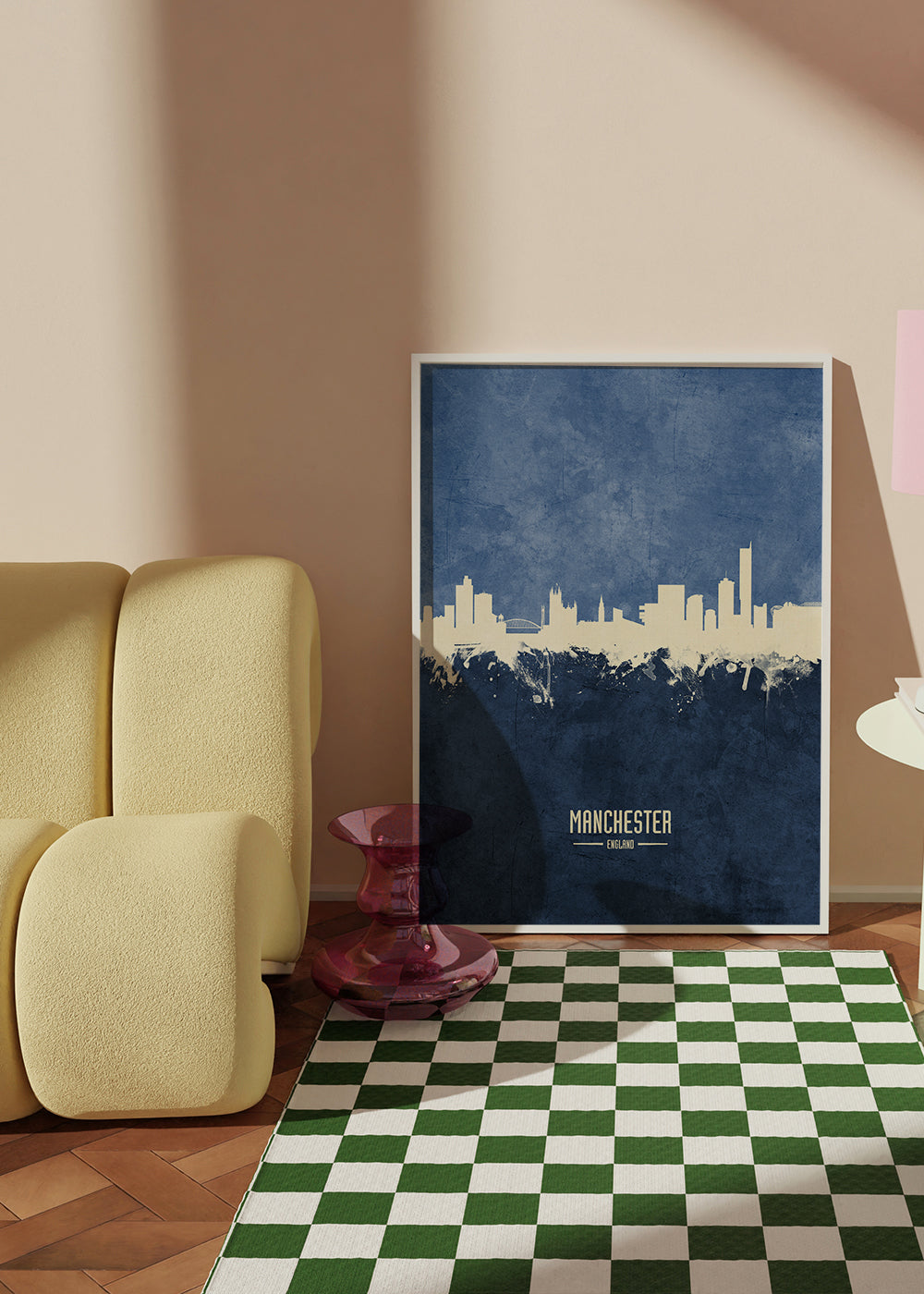 Stadsposter Manchester skyline blå textur