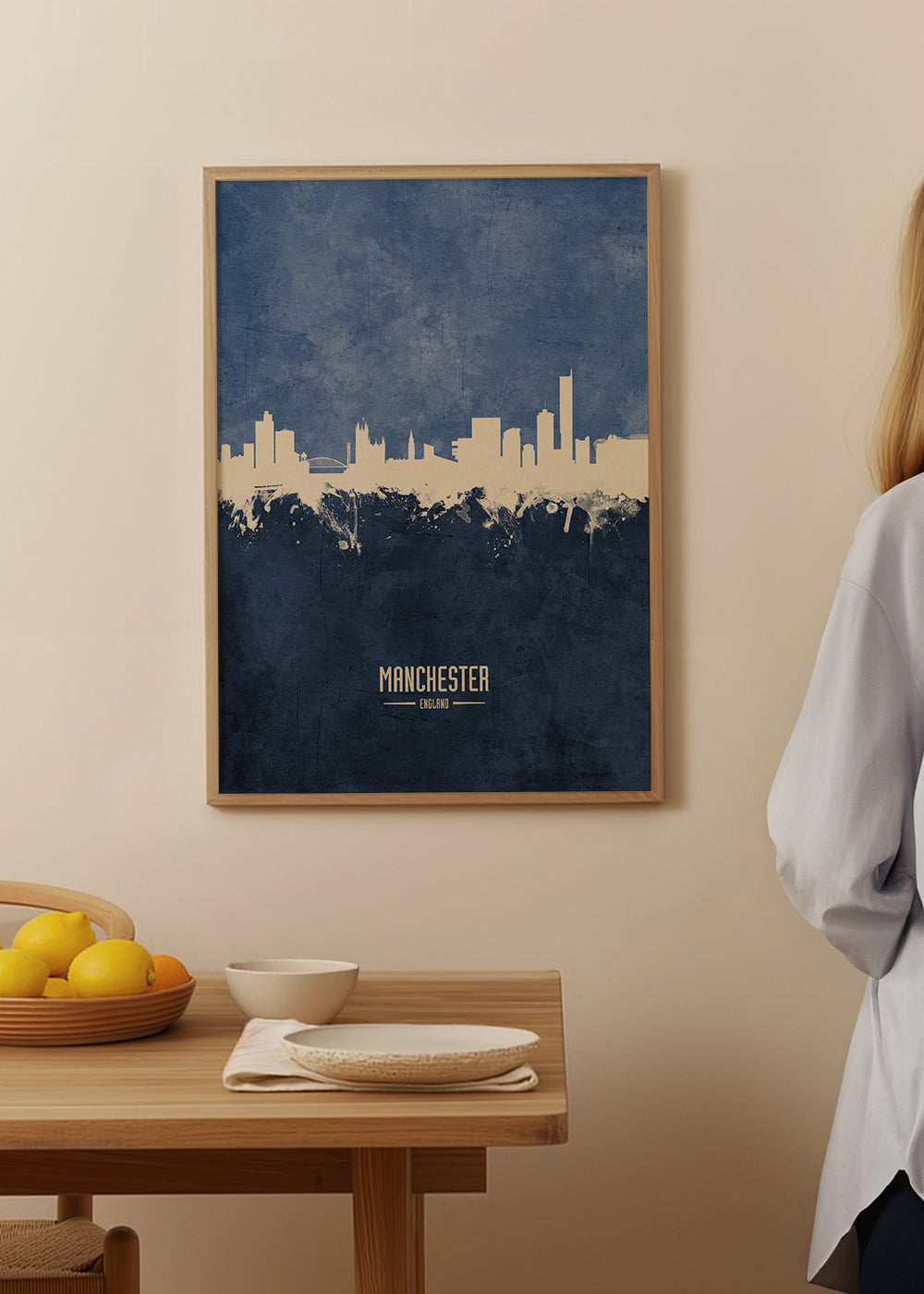 Stadsposter Manchester skyline blå textur