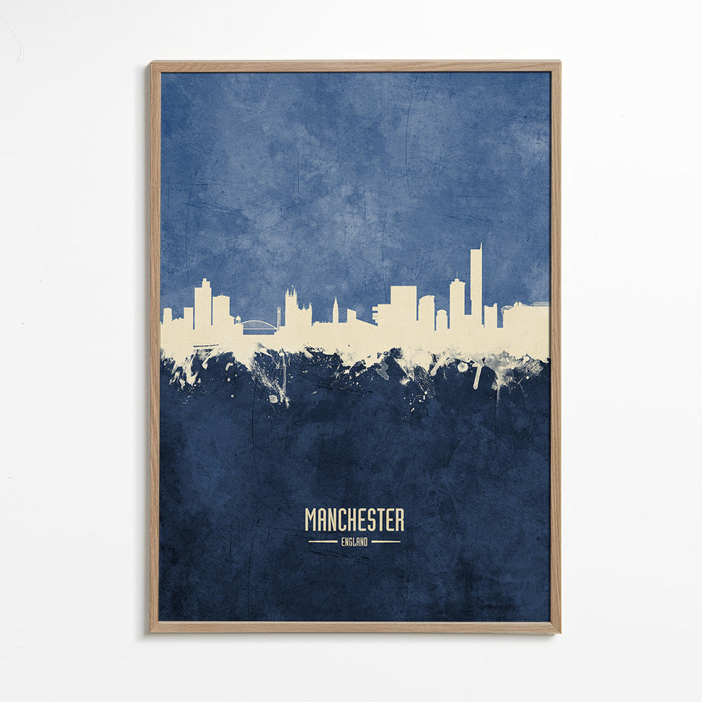 Stadsposter Manchester skyline blå textur
