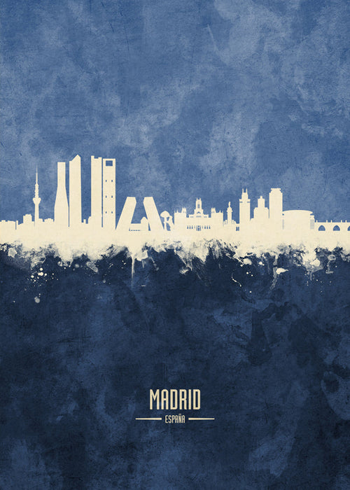 Travel poster Madrid skyline i blått