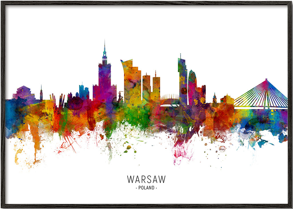 Reseaffisch: Warszawa skyline i färgstark akvarell