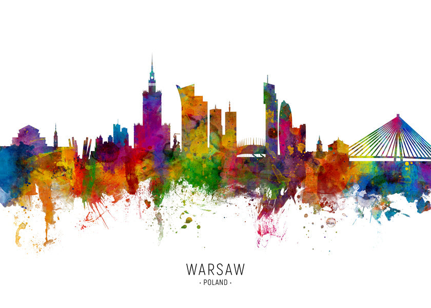 Reseaffisch: Warszawa skyline i färgstark akvarell
