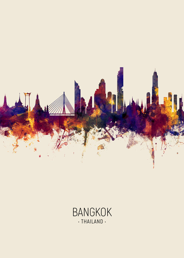 Reseposter Bangkok skyline akvarell beige
