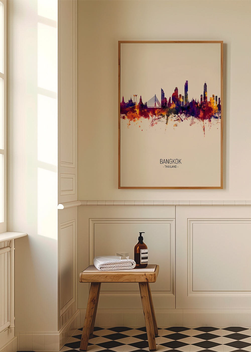 Reseposter Bangkok skyline akvarell beige
