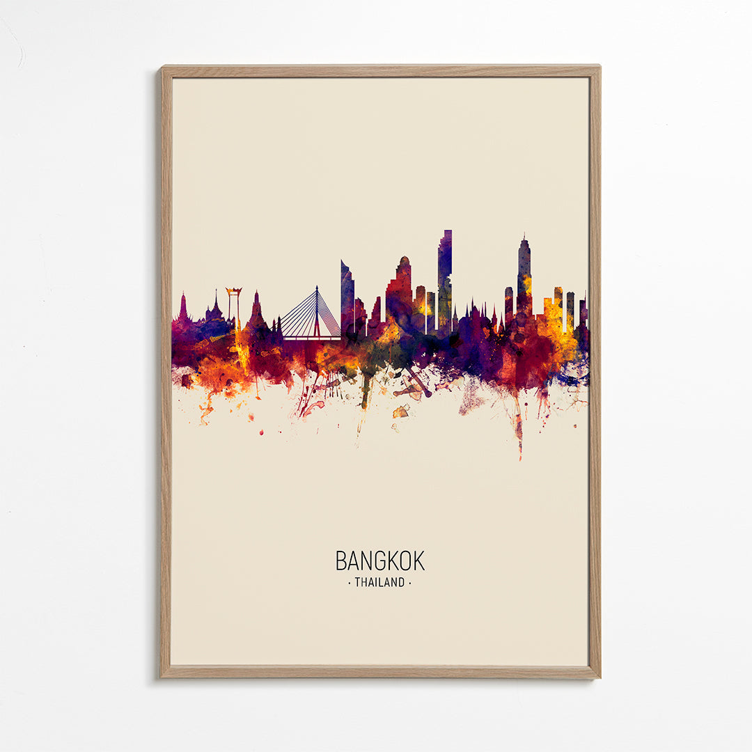 Reseposter Bangkok skyline akvarell beige