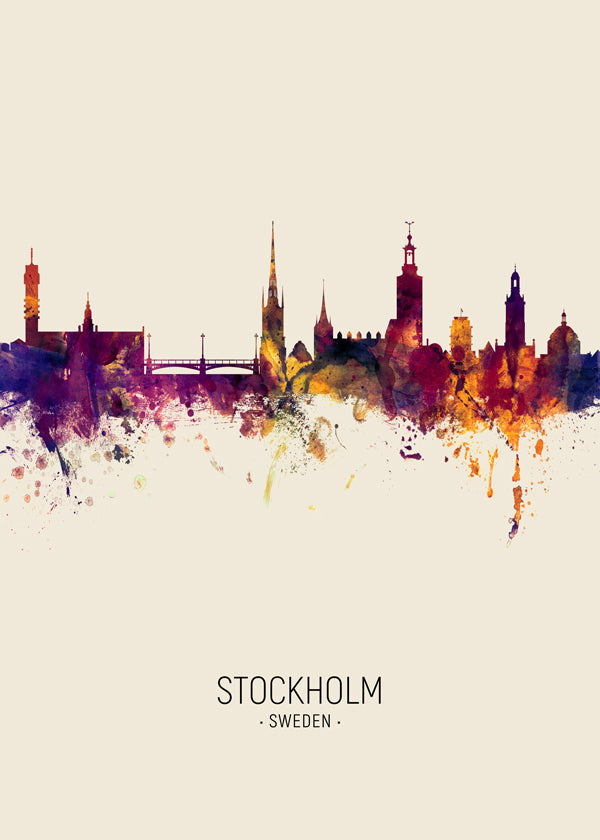 Reseaffisch Stockholm skyline akvarell