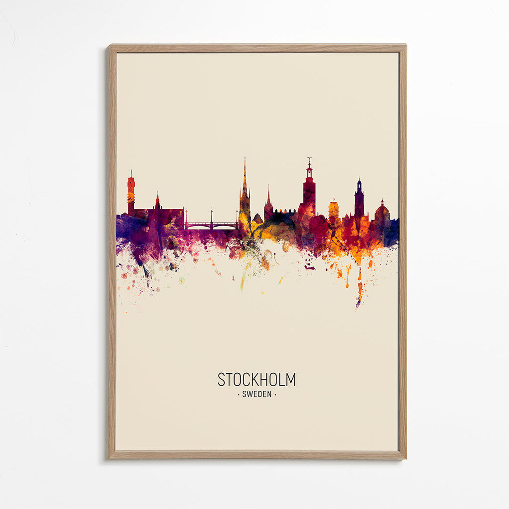 Reseaffisch Stockholm skyline akvarell