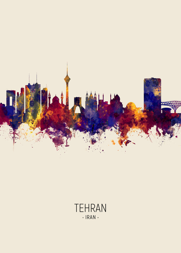 Stadskonst Teheran skyline akvarell