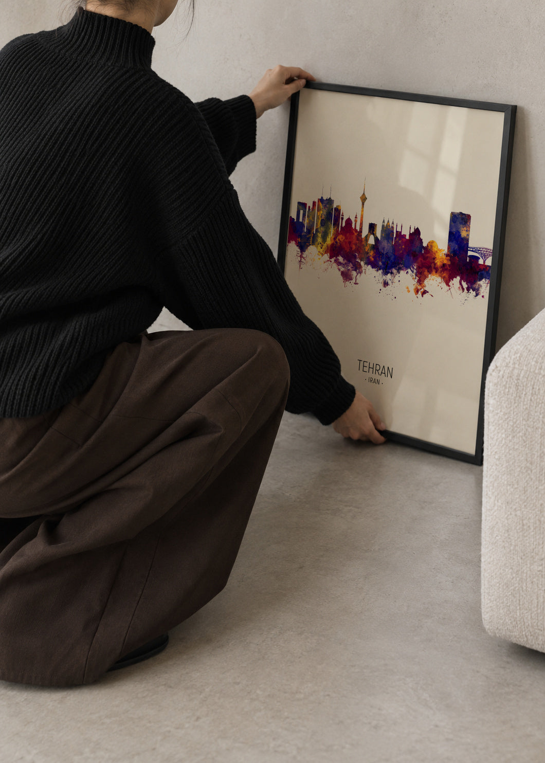 Tehran Skyline beige - Framed poster in an interior