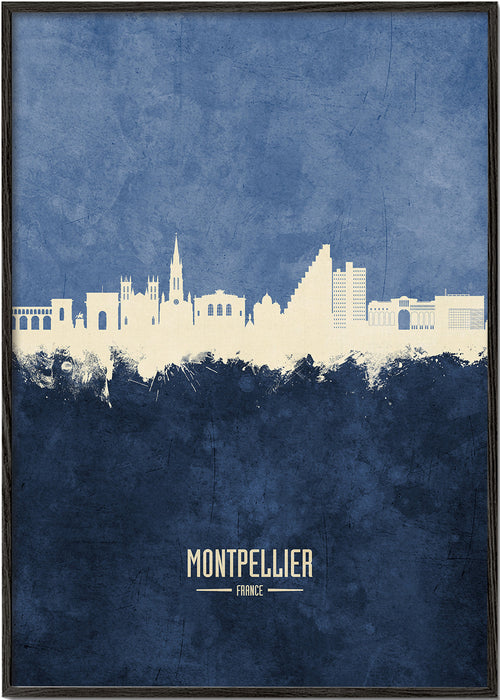 Reseaffisch: Montpellier skyline i blått