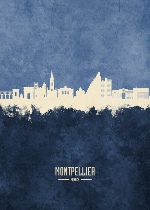 Reseaffisch: Montpellier skyline i blått