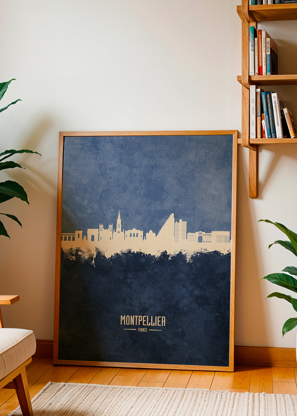 Reseaffisch: Montpellier skyline i blått