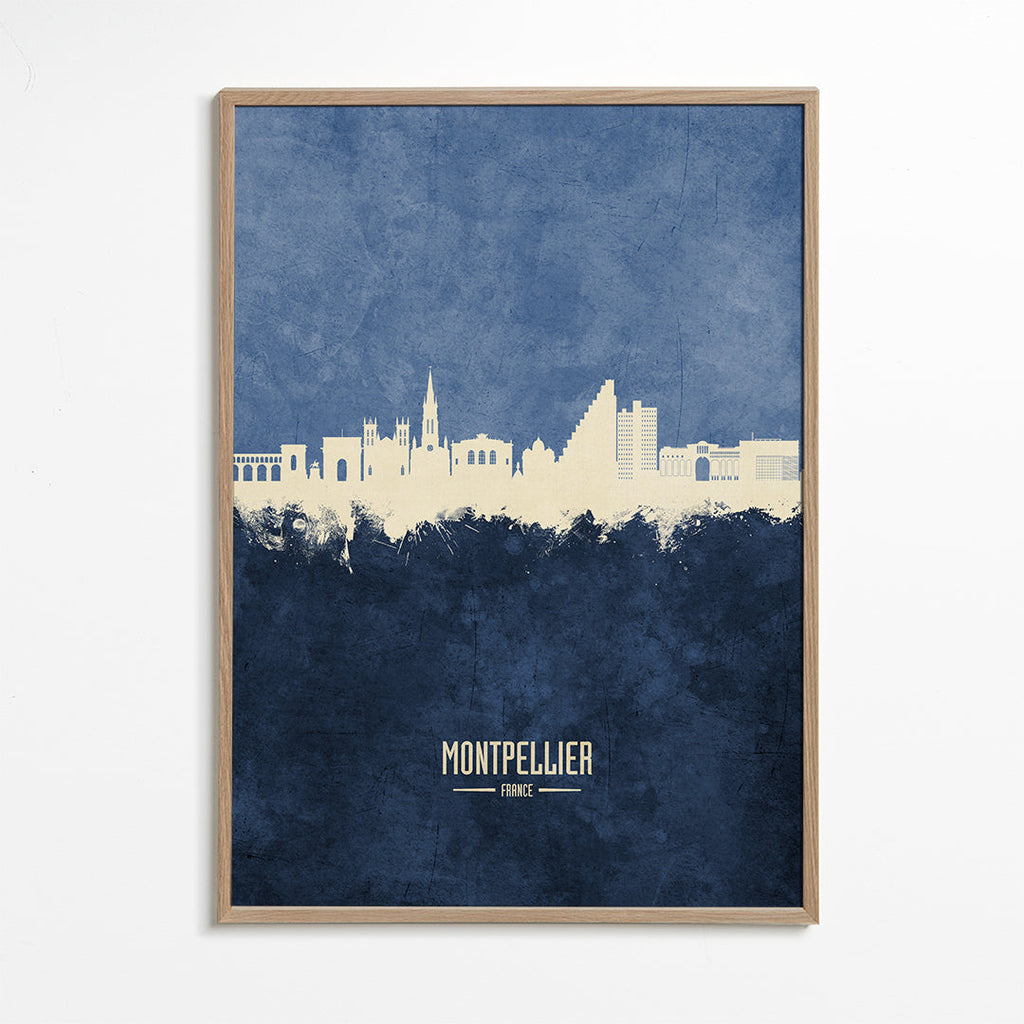 Reseaffisch: Montpellier skyline i blått