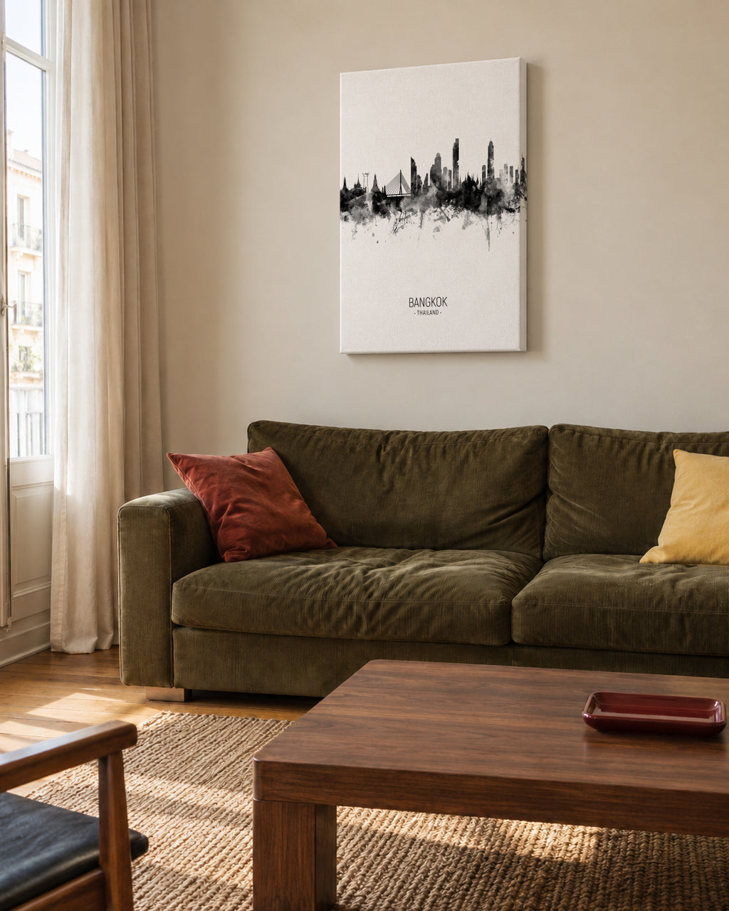 Bangkok Skyline blanco y negro - Unframed canvas in an interior