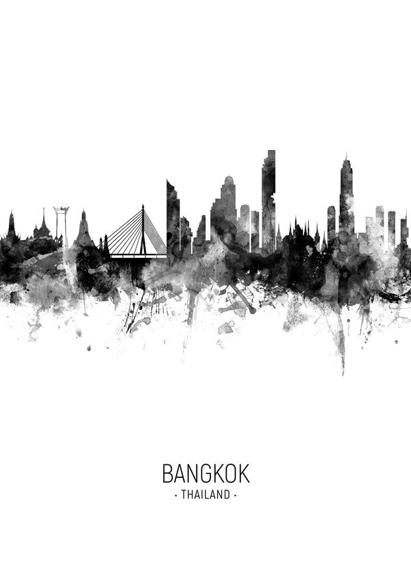 Reseaffisch: Bangkoks siluett i bläck