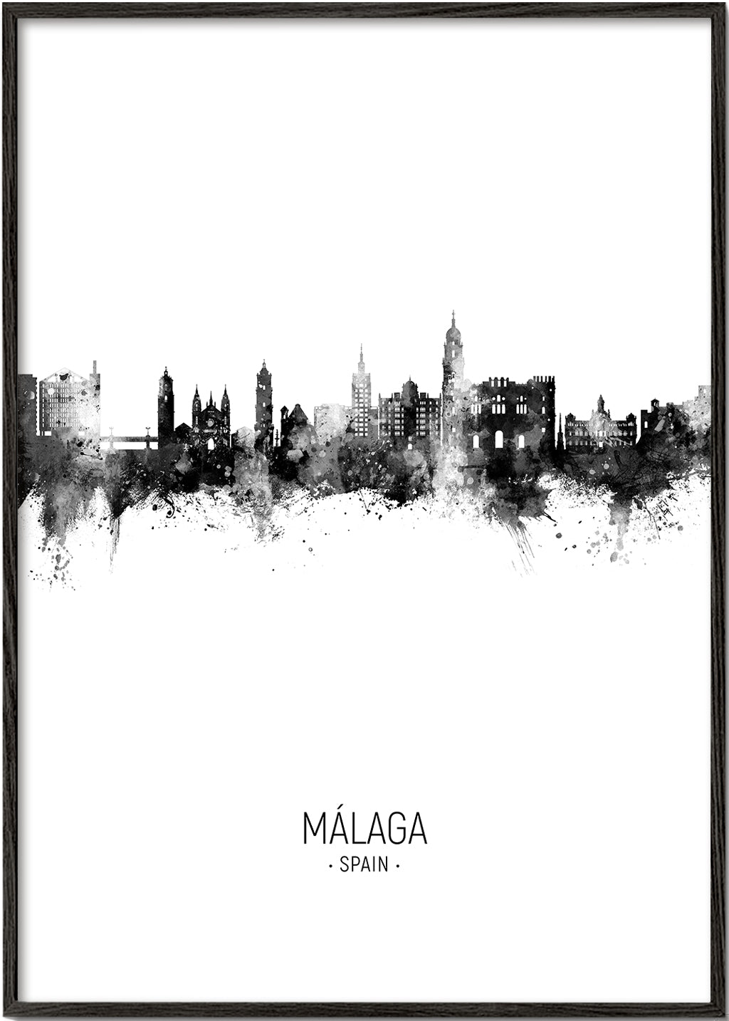 Stadstavla Málaga skyline svartvit