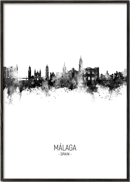 Stadstavla Málaga skyline svartvit